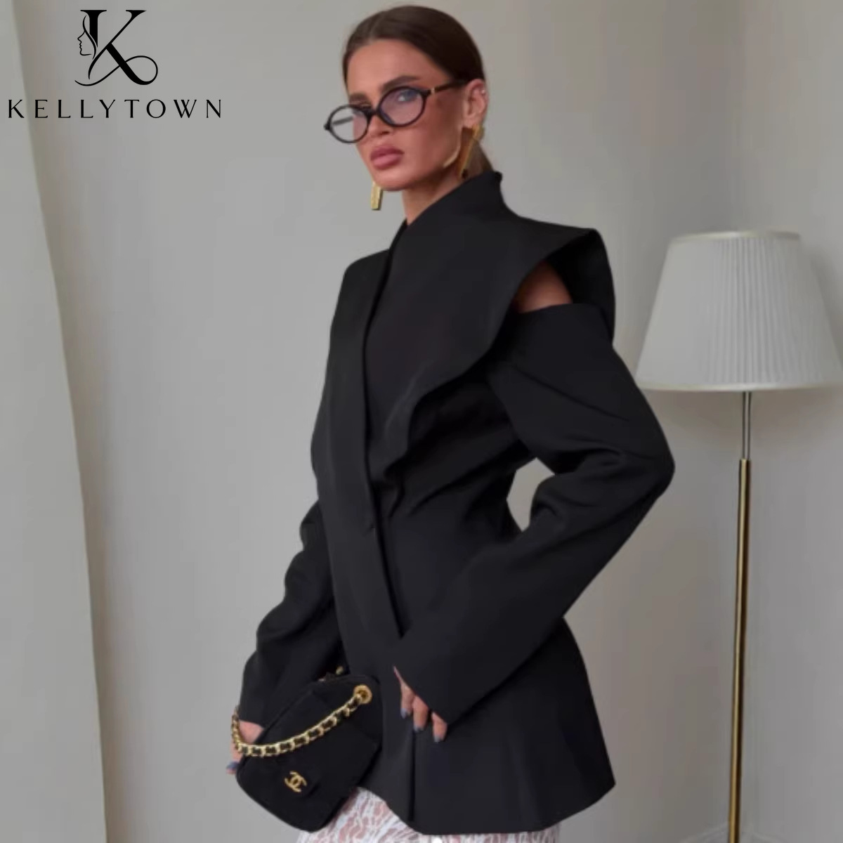 Blazer surdimensionné noir pour femme 2026 avec revers châle, chemisier structuré à épaules cintrées, manteau à manches longues pour automne-hiver