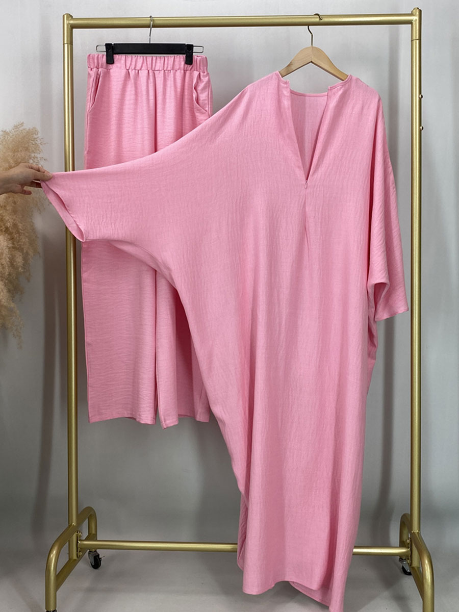 Ensemble Abaya Modeste 2 Pièces, Robe Kaftan Longue Fendue à Volants et Pantalon à Jambes Larges, Tissu Plissé, Tenue pour Femmes Musulmanes