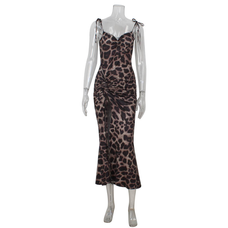 Robes imprimées léopard pour femmes, vêtements de fête Sexy, Spaghetti, fente latérale haute, col en v, coupe cintrée, sans manches, longues