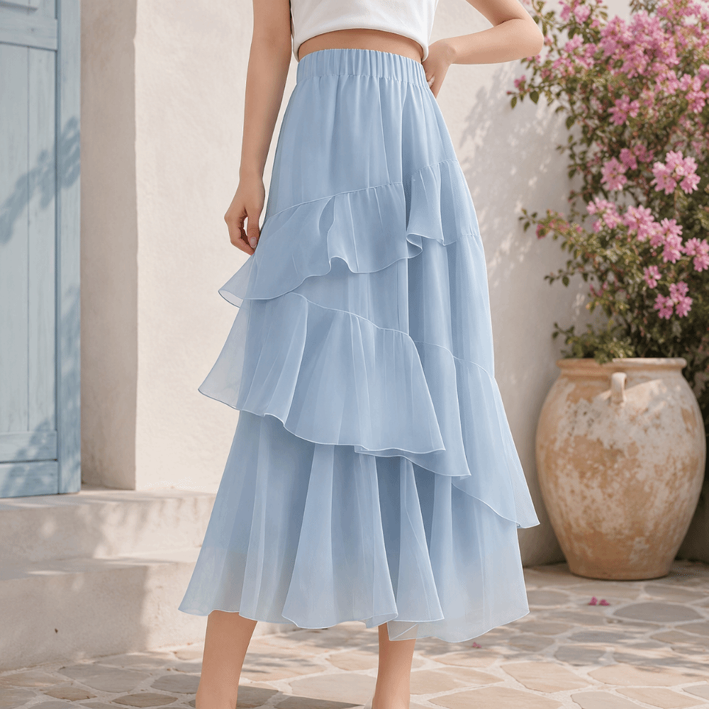 Jupe longue bleue tendance à volants, taille haute, coupe trapèze, style décontracté, jupe à étages pour femme