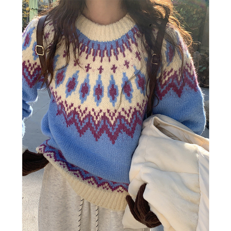 Femmes tricot pull 2025 nouveau rose pull femmes Fair Isle Jacquard Preppy Style automne hiver tricot pull