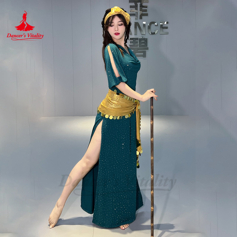 Ensemble de olympiques de performance de danse du ventre pour femmes, robe en coton à demi-manches, coiffure, ceinture, robes de performance Shabbi Baladi, 3 pièces