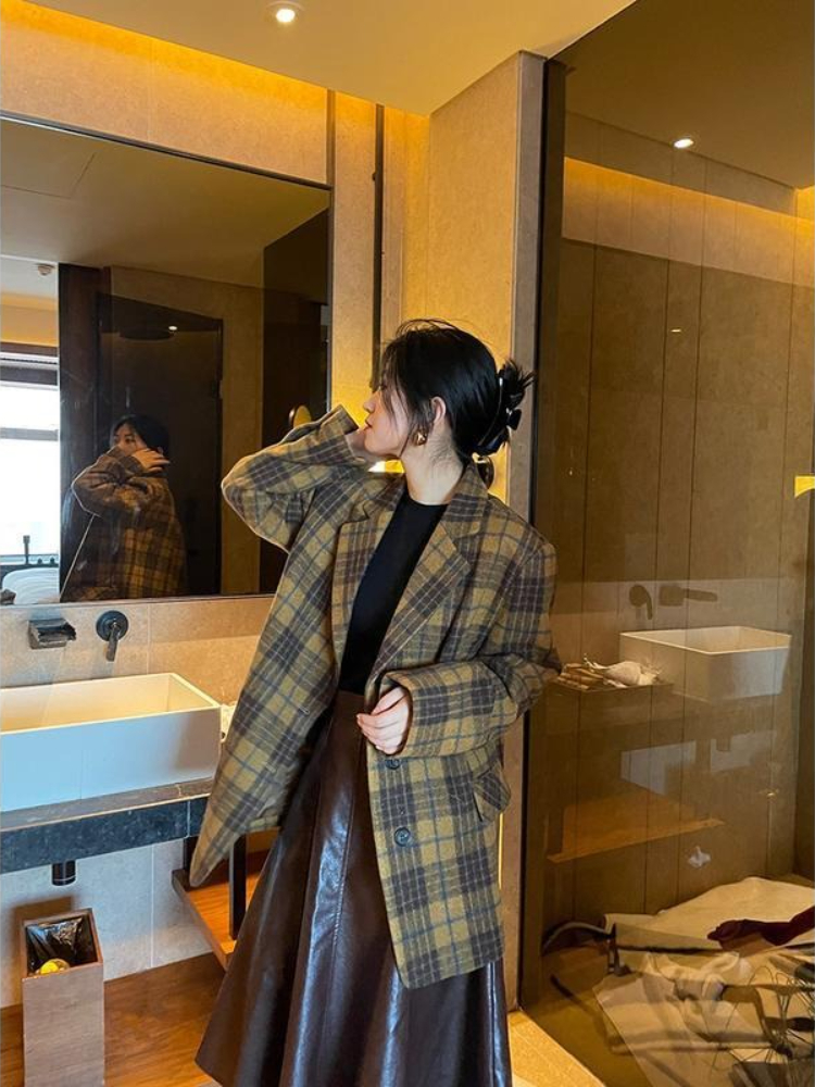 Manteau en laine à carreaux mi-long pour femme, veste chaude de Style coréen, veste à carreaux jaune et marron tendance, automne-hiver 2025
