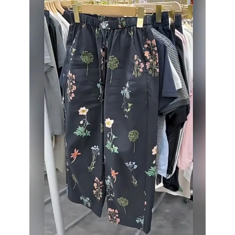 Pantalon décontracté à imprimé floral pour femmes, pantalon d'été fin, ample, à jambes larges, taille haute, longueur neuf points, grande taille, pour femmes courbes
