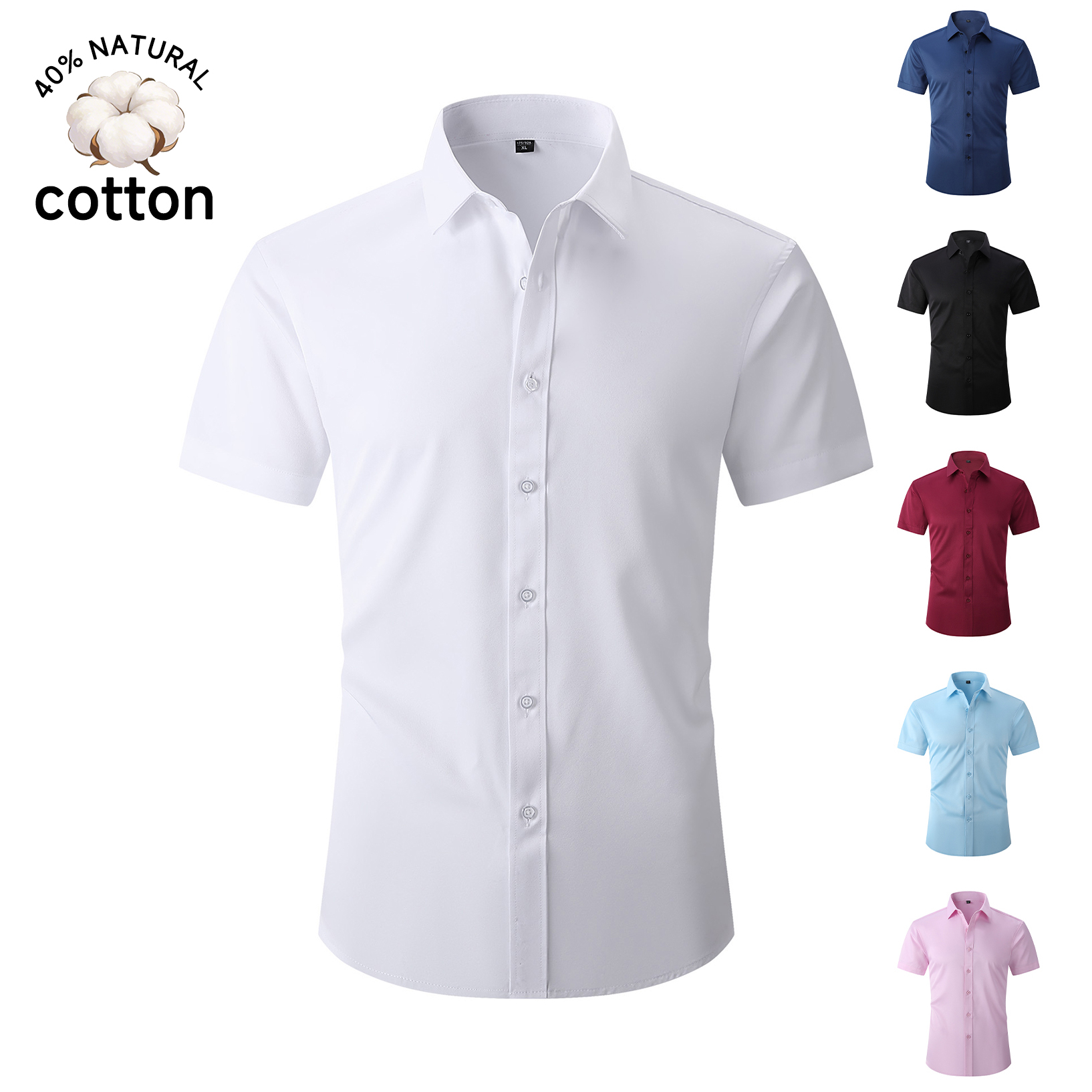 Chemise d'été décontractée pour homme en coton à manches courtes, boutonnée, respirante, couleur unie rose, coupe classique, haut de gamme pour affaires