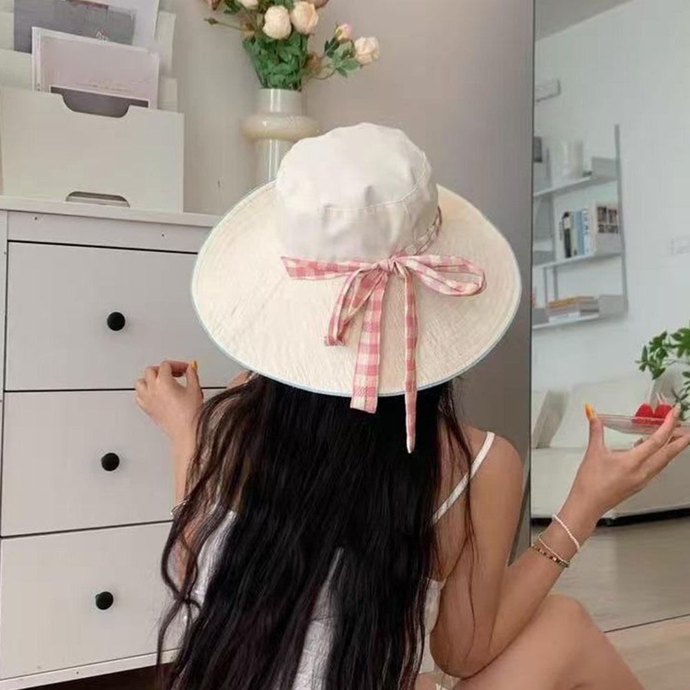 Chapeaux de soleil à large bord pour femmes, protection UV, avec sangle sous le menton, chapeau de plage à carreaux pastel mignon pour les voyages en plein air et le quotidien