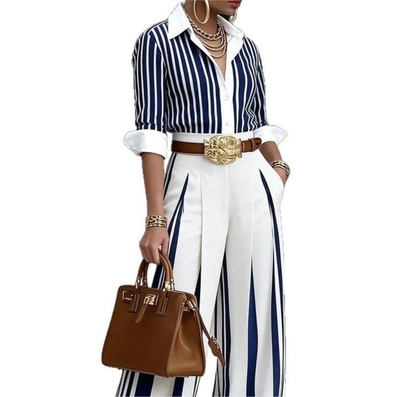 Ensemble deux pièces mode femme : chemise rayée imprimée à revers et manches longues à boutonnage simple + pantalon large pour l'automne