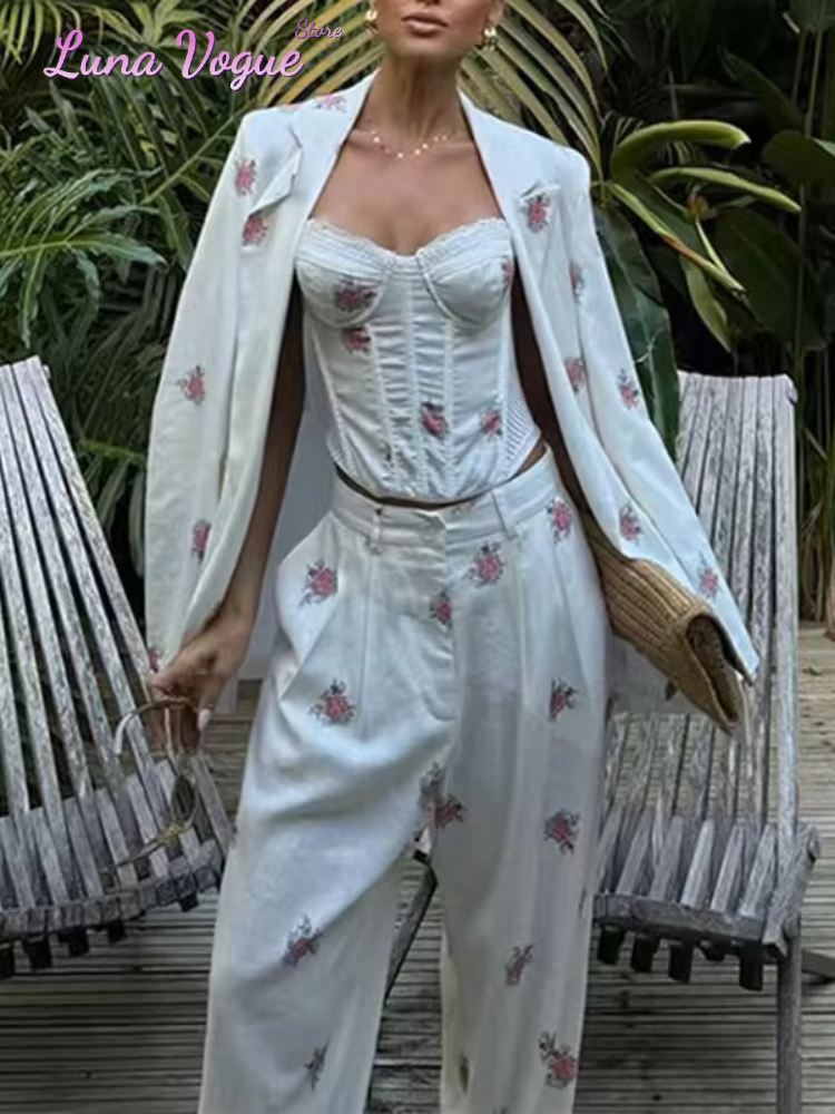 Ensemble 3 Pièces Imprimé Floral Beige pour Femme : Veste, Corset et Pantalon Large – Tenue Élégante pour Bureau et Soirée 2026