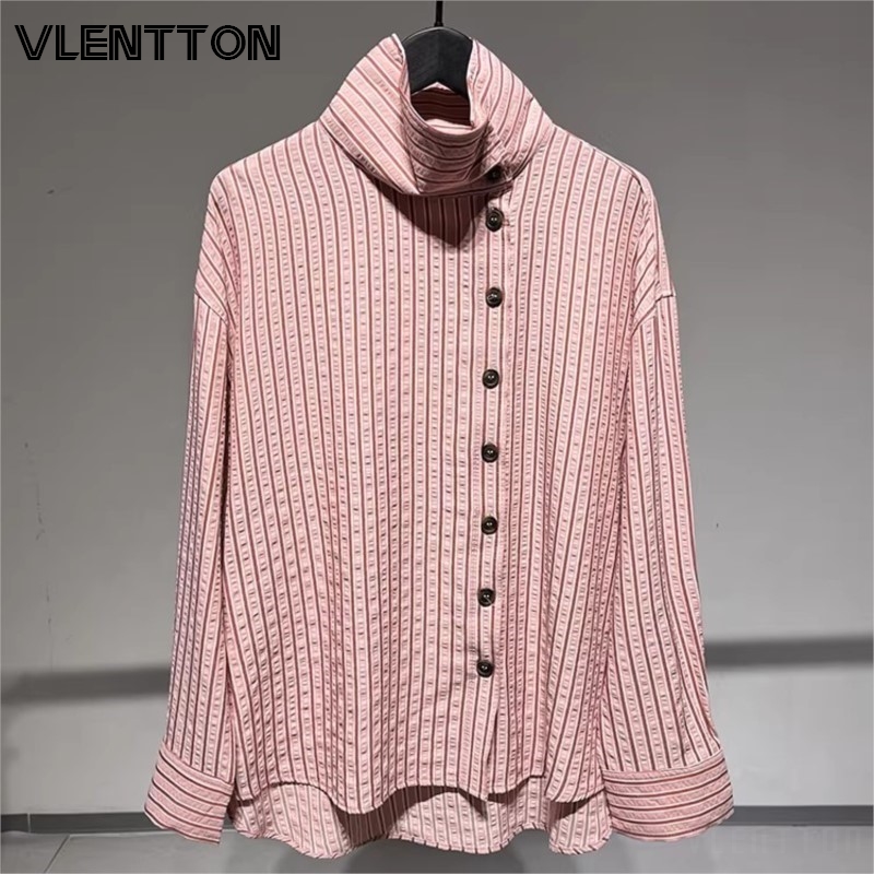 Nouvelle Collection Printemps 2026 – Chemise Rose Rayée à Col Montant pour Femme, Décontractée, Boutonnée, Manches Longues, Coupe Ample et Polyvalente