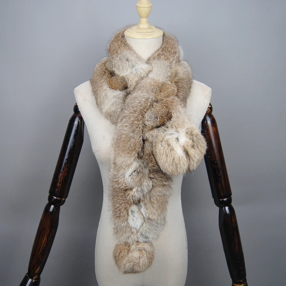 Nouvelle Arrivée 2026 – Écharpe Longue en Véritable Fourrure de Lapin pour Femme, Chaudes Écharpes en Fourrure de Lapin Authentique, Écharpes en Fourrure Tricotées avec Pompons Moelleux pour Femme