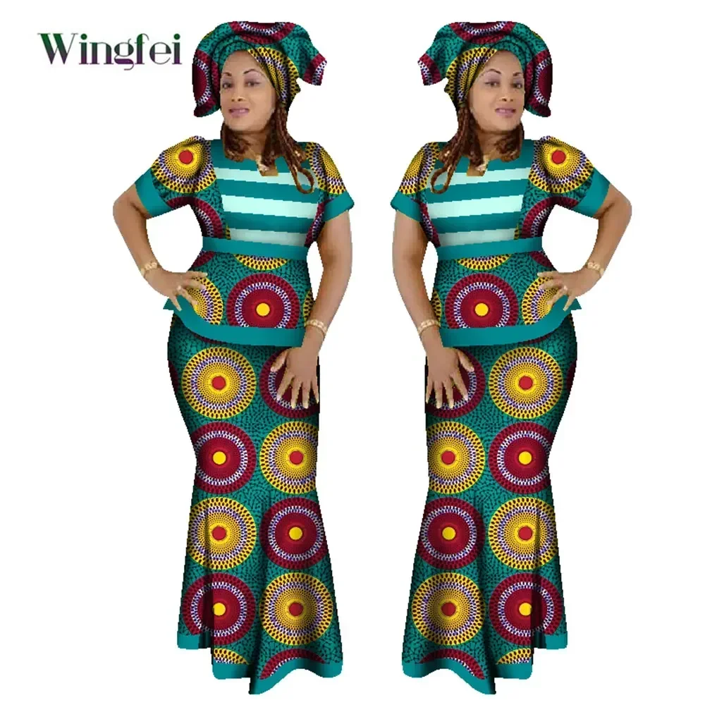 Ensemble 3 pièces de vêtements africains pour femmes, haut court à rayures et jupe avec écharpe de tête, Kanga africain, WY1210