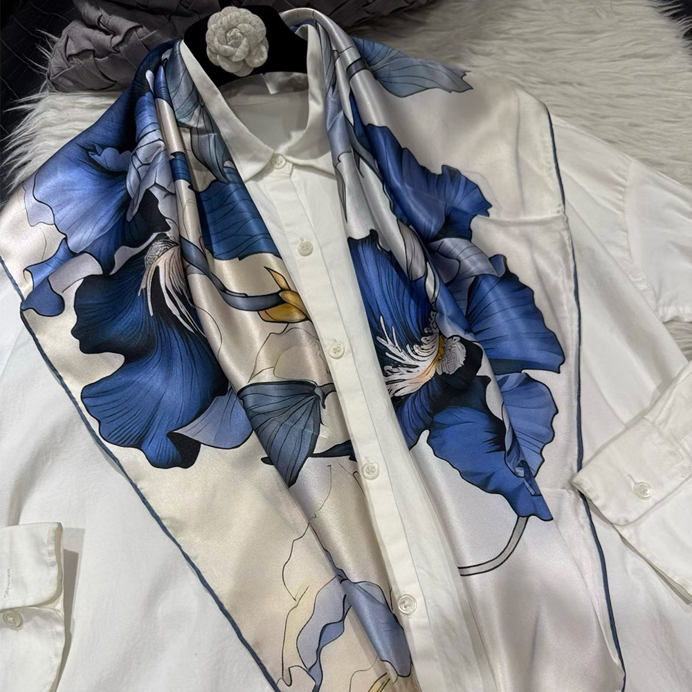 [BYSIFA] Foulard carré en soie 100% pour femme, bleu et blanc, pour le printemps, l'automne et l'hiver, châle, foulard de tête, hijab, accessoires de mode
