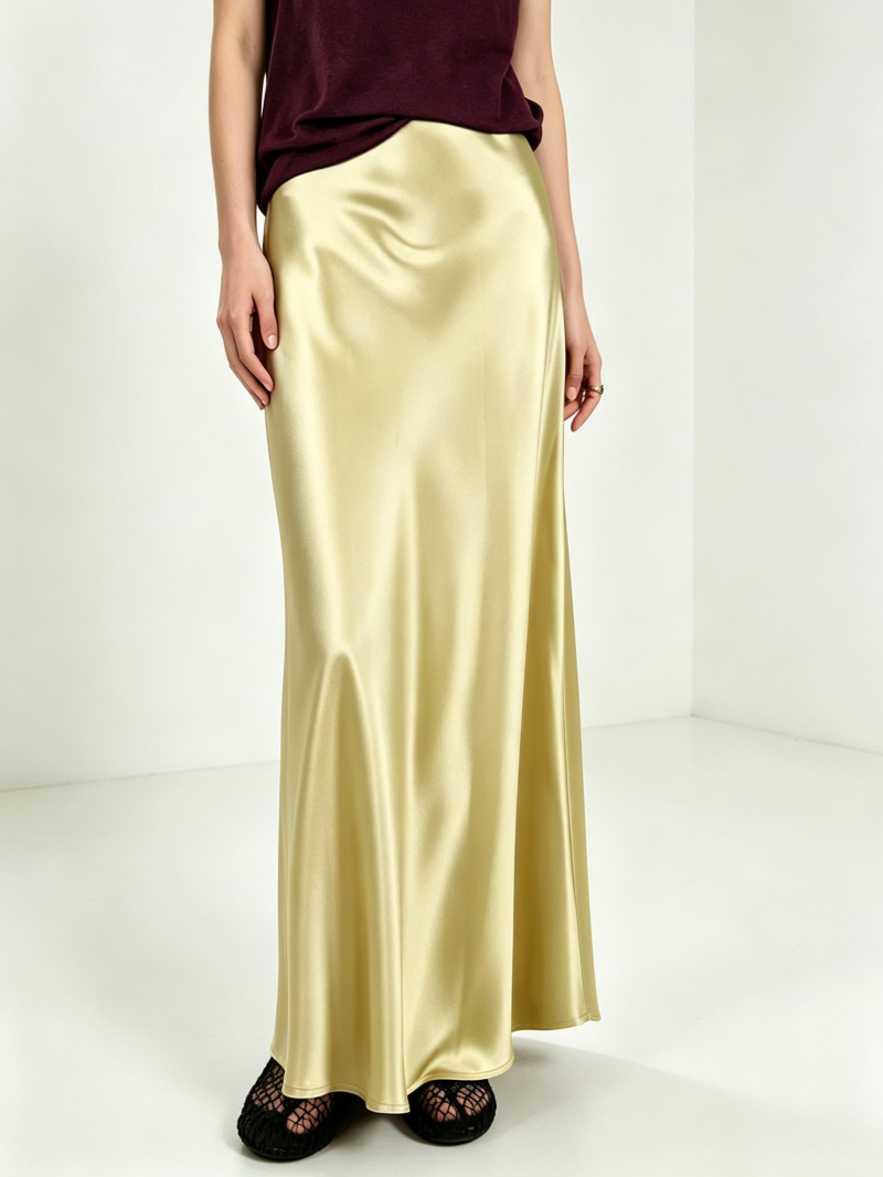 Jupe longue sirène KAROFI en satin effet soie de luxe pour femme, taille haute, fluide, élégante pour le bureau, les soirées et les fêtes, finition brillante SK442