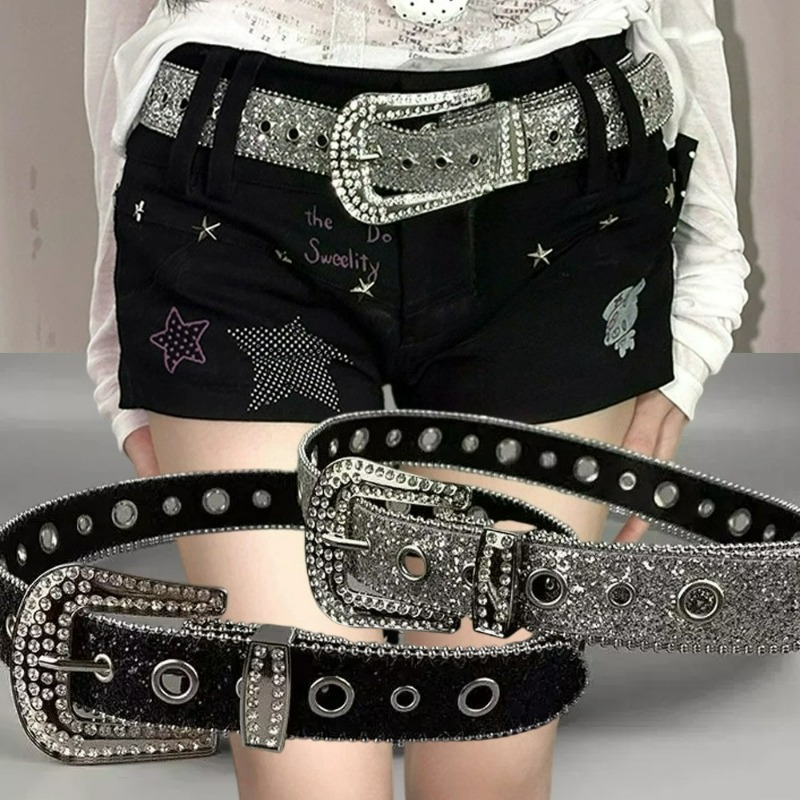 Ceinture pour femme en cuir PU, ornée de strass, pour club, soirée, style rétro américain, punk, mode Y2K, ceinture scintillante