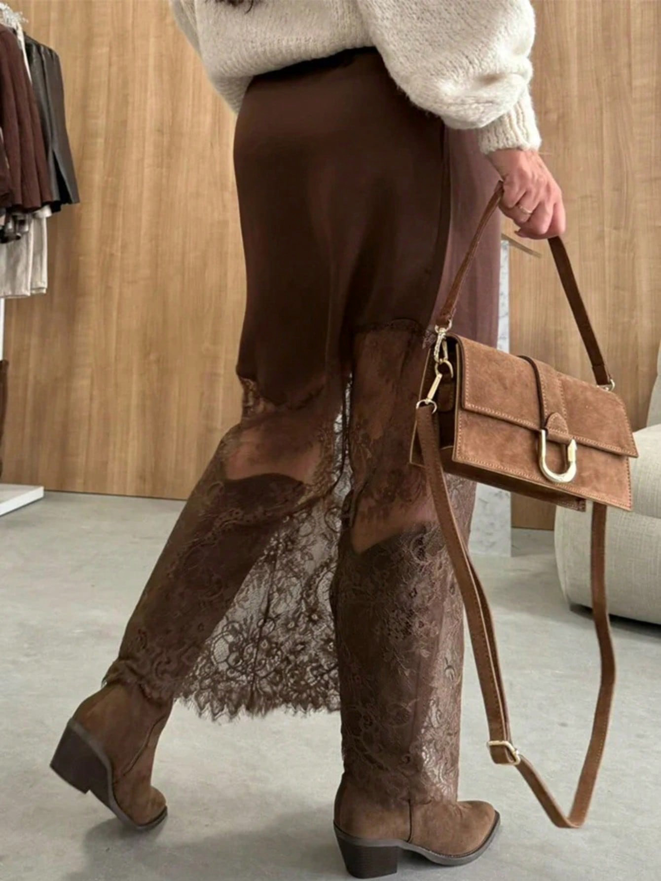 Jupe élégante pour femme, en satin et dentelle avec bordure en cils, taille élastique, style polyvalent pour les quatre saisons, idéale