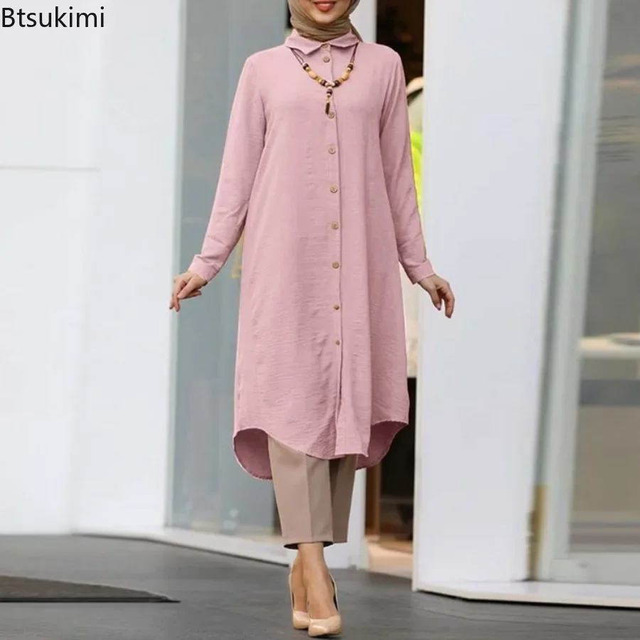 2026 saoudien arabe femmes musulmanes à manches longues Blouse décontracté chemise ample robe tunique Blusas femmes hauts maroc turc solide Chemise