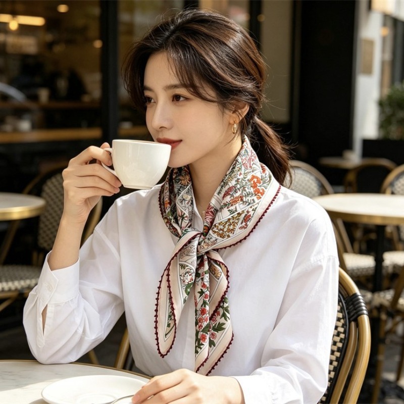 Foulard carré 100% soie de mûrier crêpe de Chine, vintage, imprimé floral, bordure en dentelle, polyvalent, pour femme