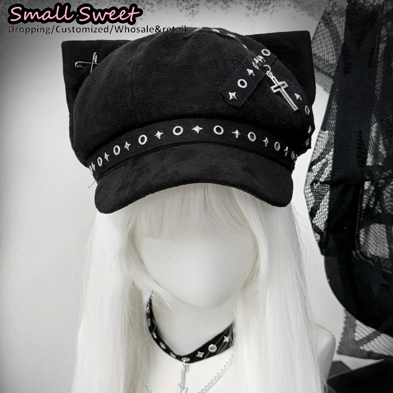 Béret gothique Lolita Steampunk oreilles de chat Y2k pour fille, casquette de Baseball à rivets, Punk sous-culturel foncé, croix, Streetwear, casquette octogonale