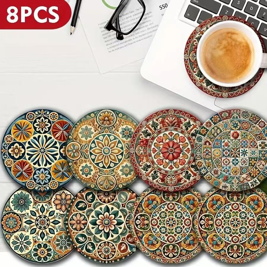 Lot de 8 sous-verres marocains Mandorla 2D en bois, marqueurs de boissons circulaires artistiques pour café, thé, décoration de table à manger à la maison