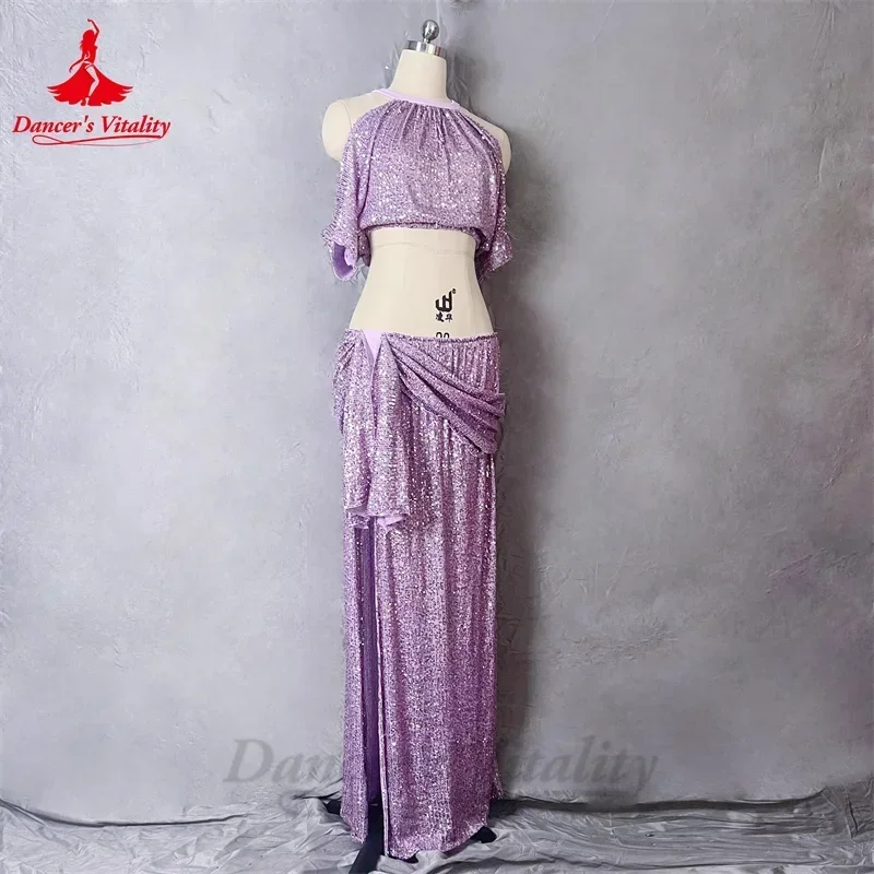 Ensemble de costumes de concours de danse du ventre pour femmes, haut à paillettes + jupe longue fendue, Costume d'entraînement 2 pièces, tenue orientale personnalisée pour adultes et enfants