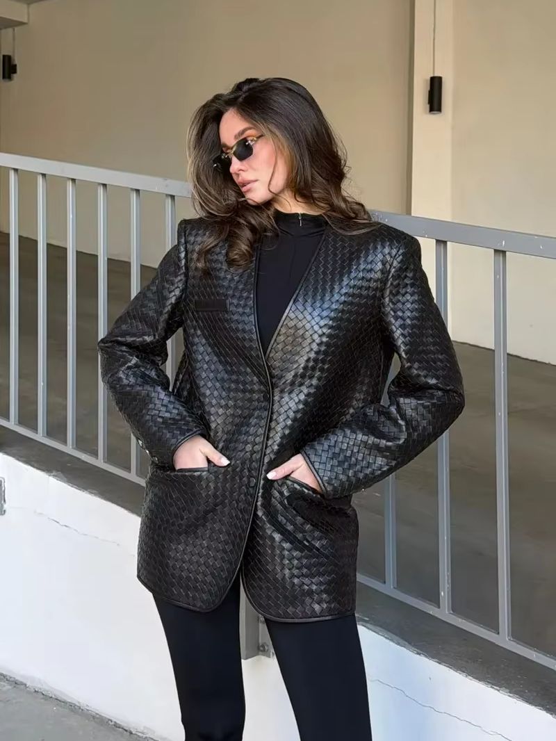 Blazer en similicuir tissé pour femme Laur 2026, veste ajustée à col en V avec ceinture à nouer, vêtement de bureau élégant avec poches.