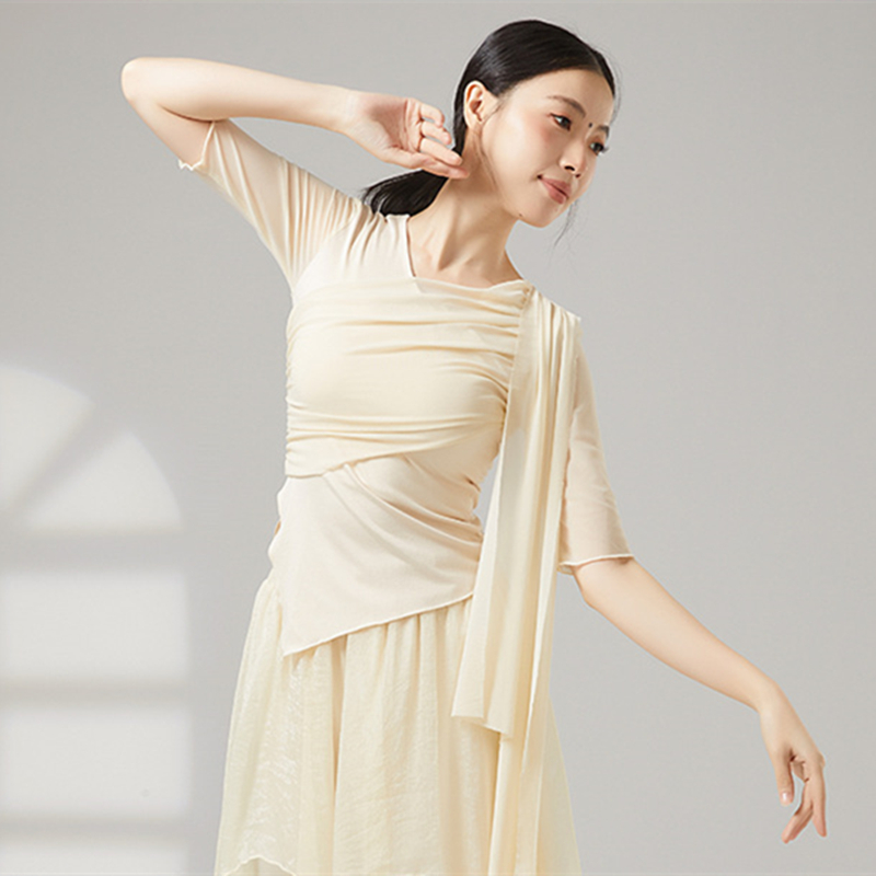 Costume de danse moderne pour femmes, haut à manches en maille évasée, chemise fluide en Tulle épissure, ourlet irrégulier, vêtements d'entraînement quotidien, t-shirt Chic de Yoga sur scène