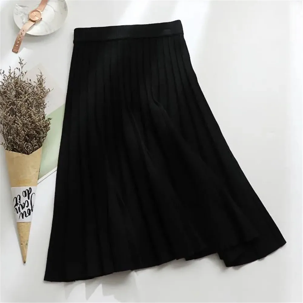 Femmes tricoté jupe Midi élégant noir a-ligne taille haute plissée longue Jupe coréenne 2024 printemps automne hiver Faldas Femme Jupes