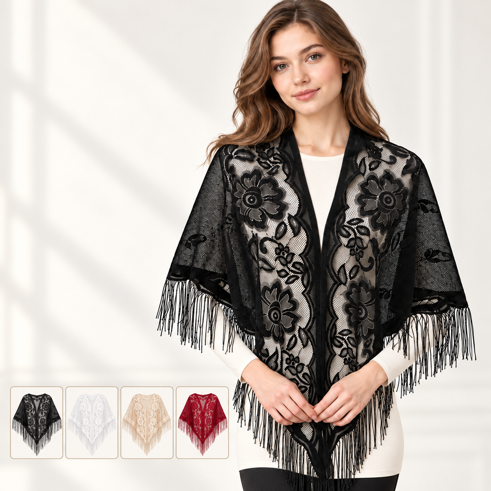 Châle triangulaire en dentelle florale pour femme, élégant, à franges, léger, voile transparent, couvre-épaules pour mariage, soirée et fête