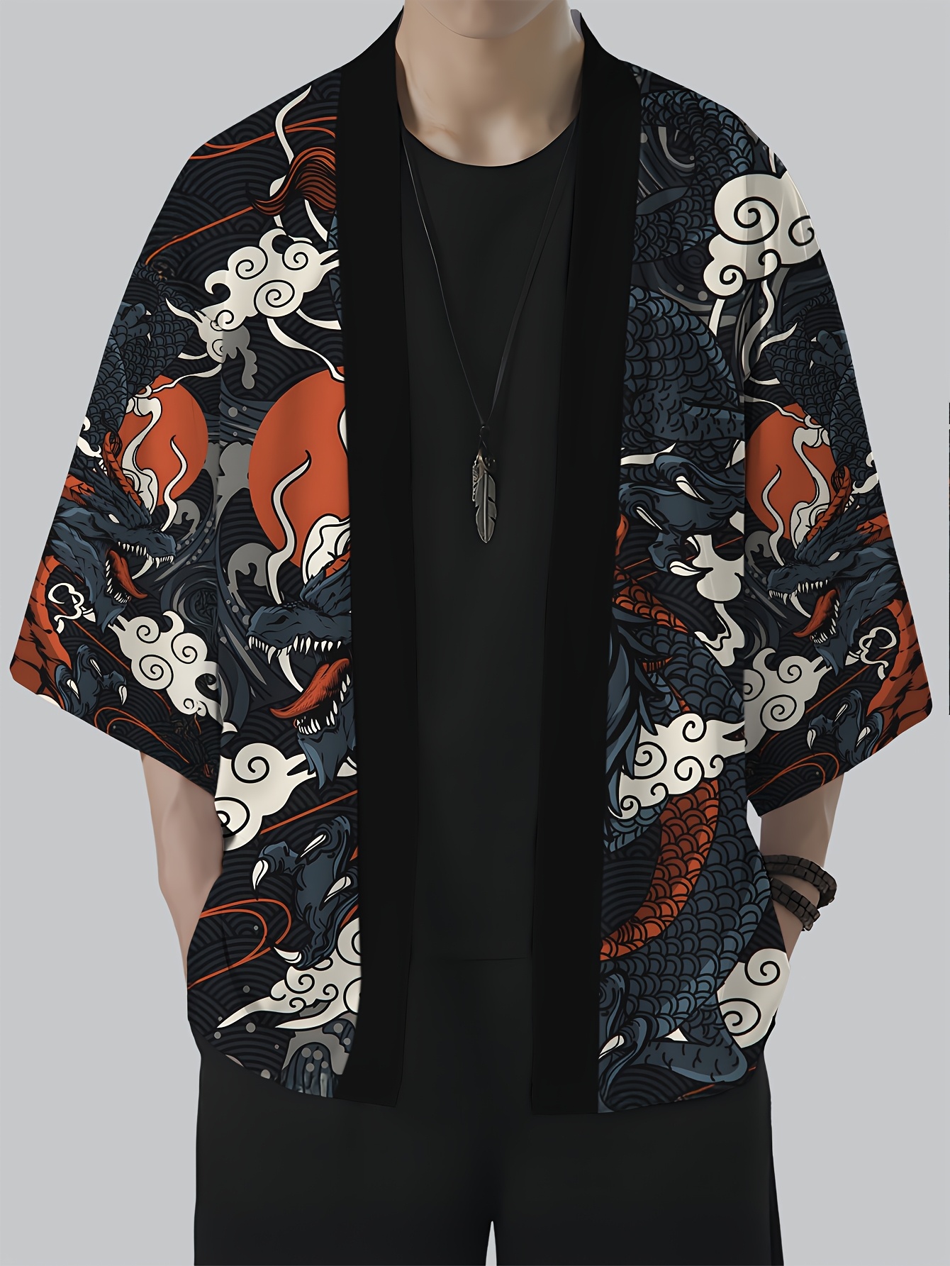 Kimono ample vintage pour homme à imprimé dragon, style décontracté pour l'été et la plage, ouvert sur le devant, en polyester léger, style streetwear