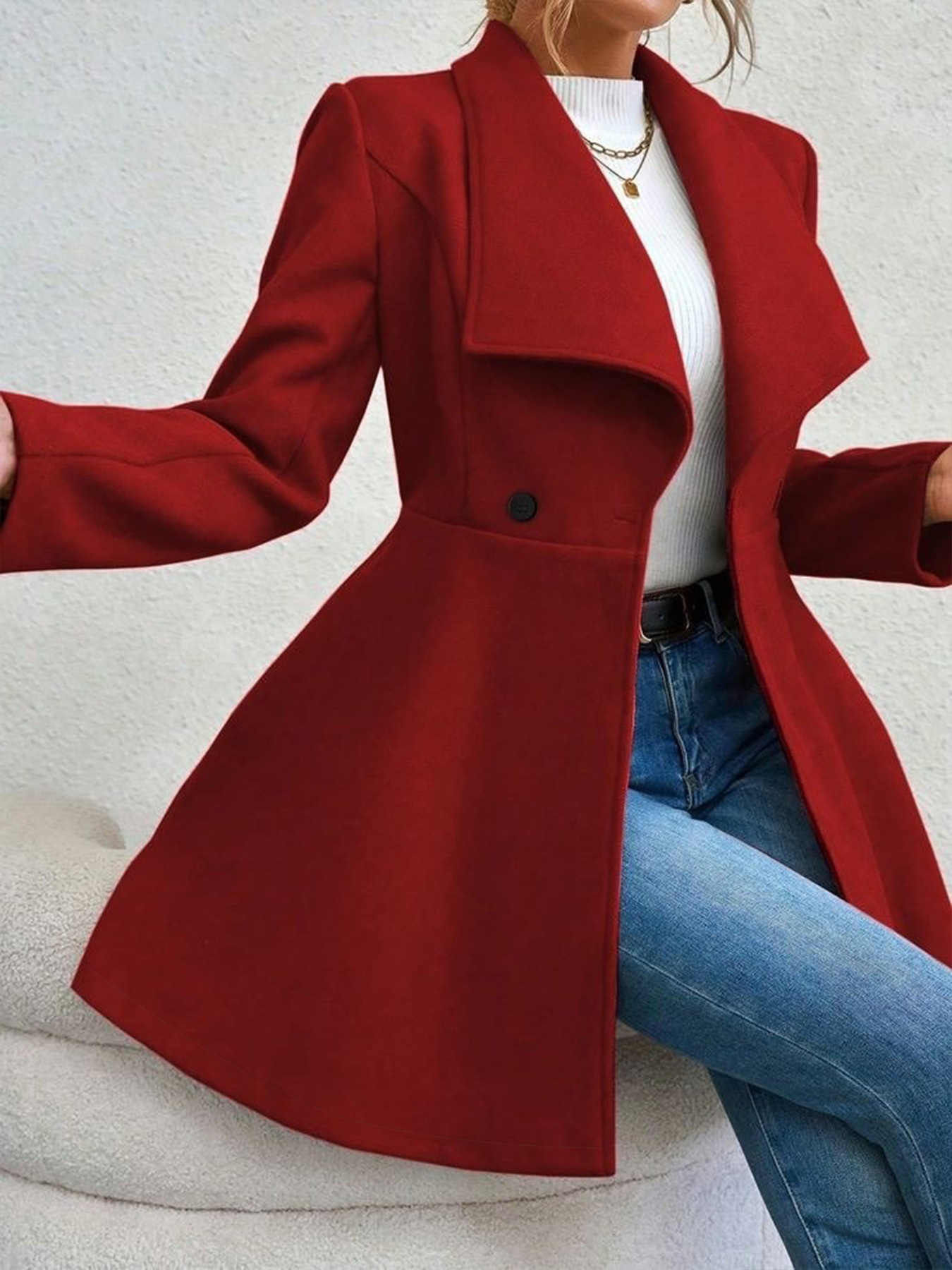 Manteau en laine jaune élégant pour femme, automne-hiver, col à revers, double boutonnage, coupe ajustée, longueur mi-longue, décontracté, manches longues, vêtement d'extérieur F