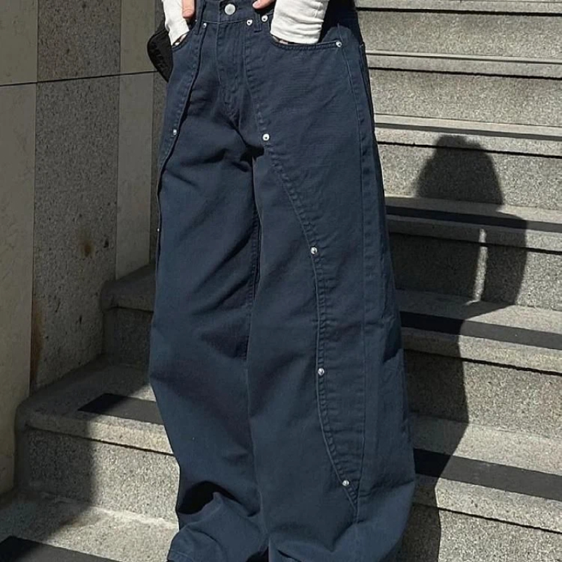 Jean pour femme Y2k, vêtements décontractés, coupe ample, pantalon à jambes larges, Style rétro américain Vintage avec rivets, Patchwork, Design fendu