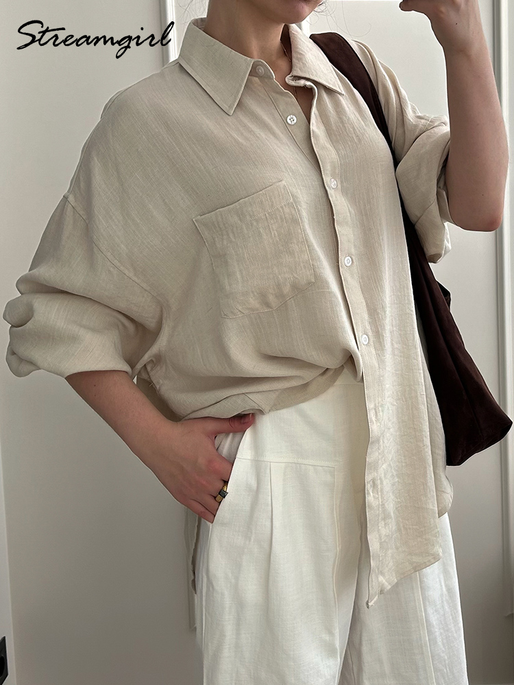 Chemises en lin bleues d'été pour femmes, hauts amples à manches longues, chemise verte pour femme, hauts basiques en lin pour le travail, chemises blanches pour femmes