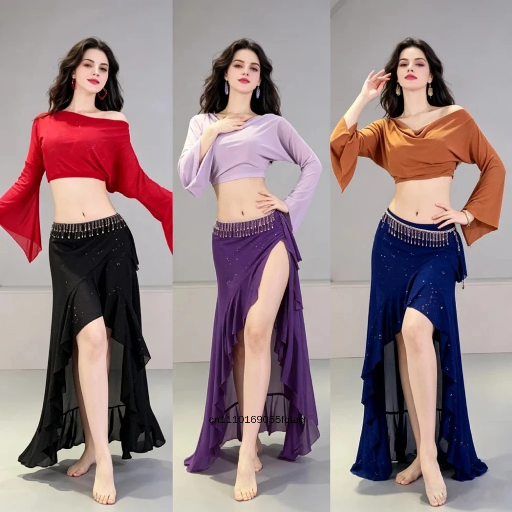 Nouvelle tenue de danse orientale pour femmes, ensemble jupe longue fendue à manches trompette, costume de performance et d'entraînement de danse du ventre