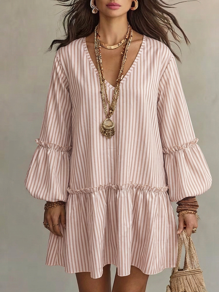 Robe Courte Décontractée Printemps Automne Rayée Colorée Tendance Style Urbain Manches Longues Col V Taille Haute Manches Lanterne