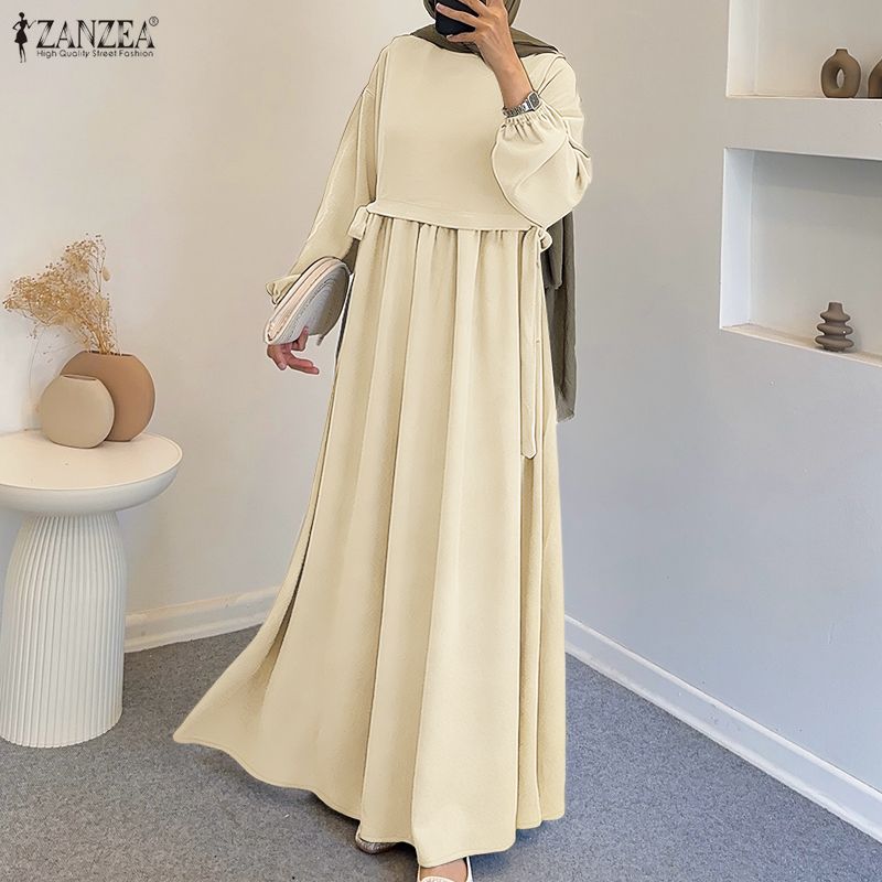 ZANZEA – robe longue kaftan musulmane pour femmes, manches lanternes, à lacets, couleur unie, plissée, robe longue islamique, Abaya