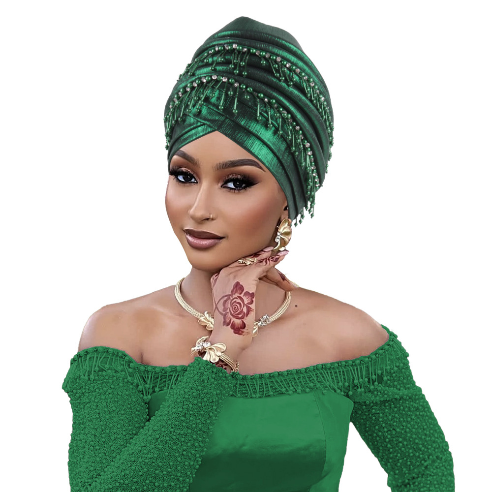 Casquette Turban à la mode pour femmes, bandeau de dame africaine avec pompons de perles, chapeau de fête de mariage du Nigeria