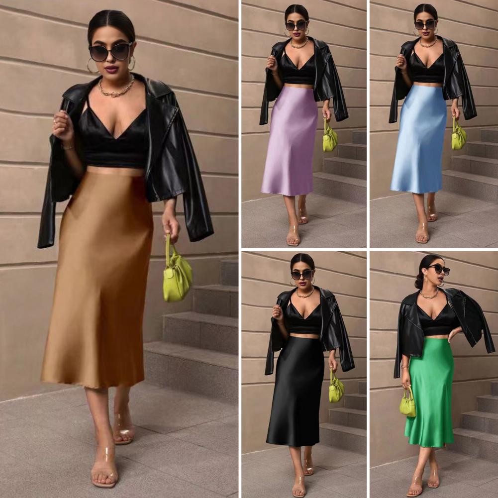 Jupe midi pour femme, taille haute, en satin lisse, coupe sirène, amincissante, pour voyage, soirée, travail, loisirs, usage quotidien
