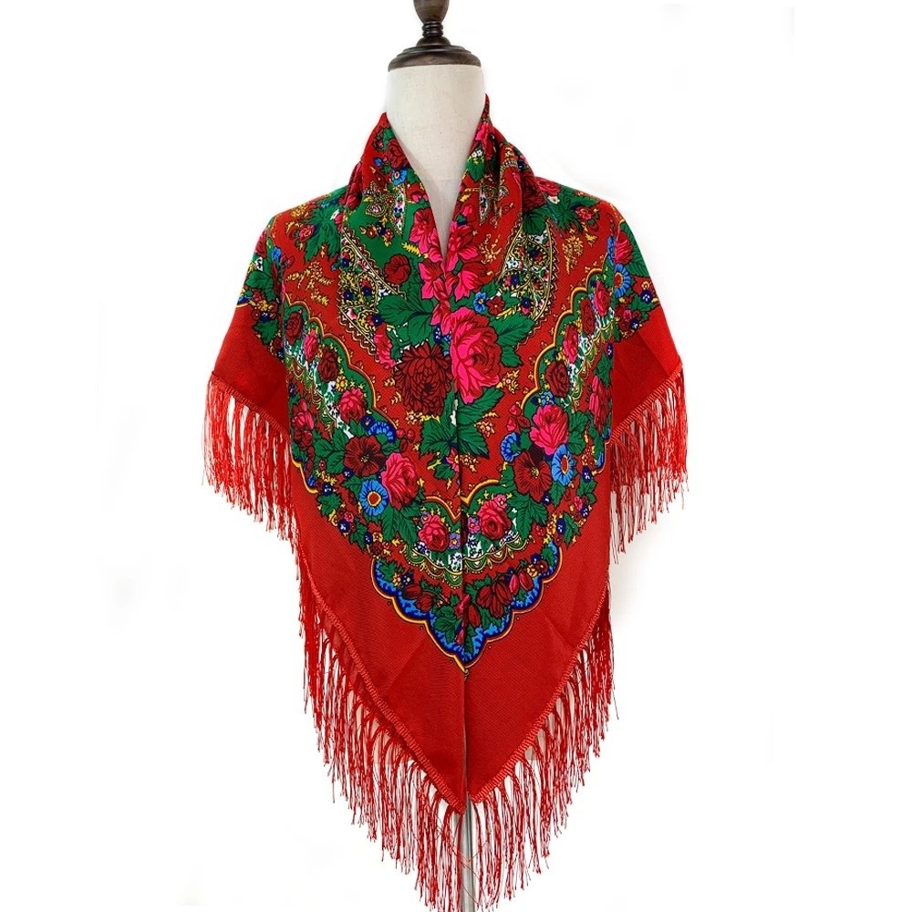 Écharpe traditionnelle russe 160*160cm, style rétro avec franges, châle surdimensionné à pompons, couvre-chef tendance