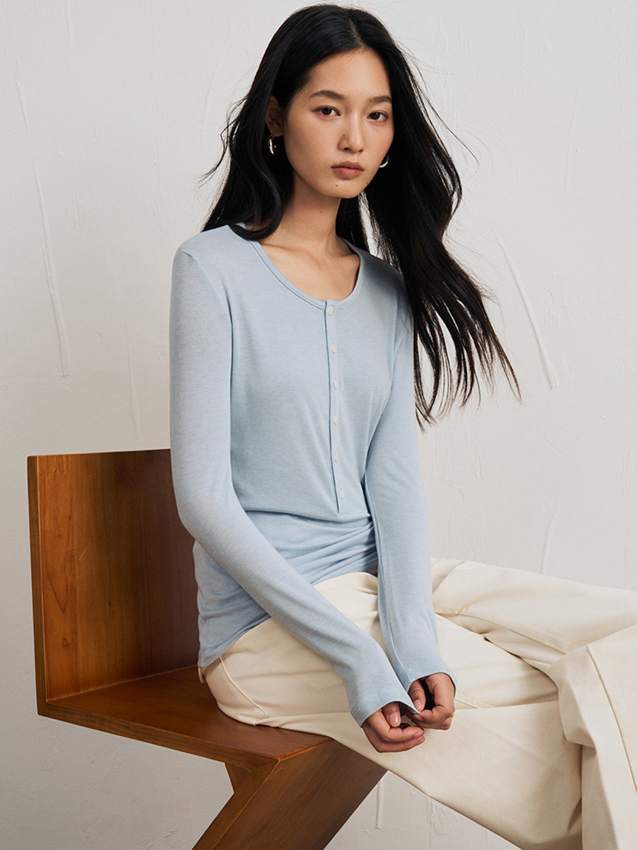 T-shirt basique à manches longues en laine de soie pour femmes, hauts à rayures Slim à col rond doux et confortable