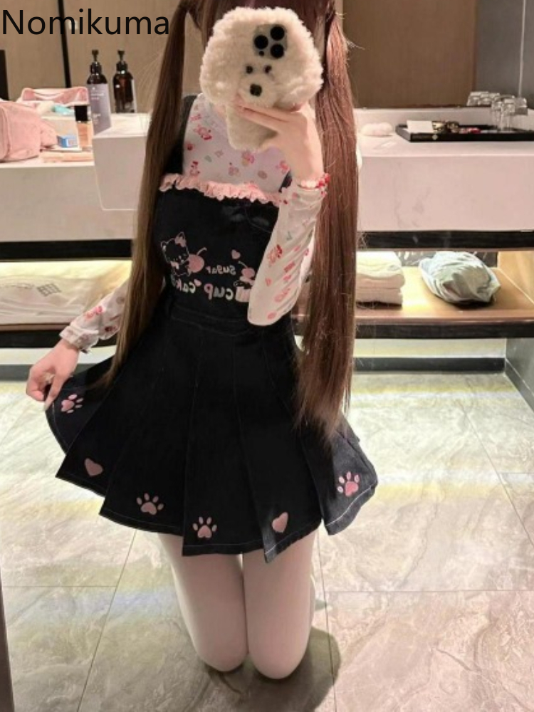 Vêtements japonais pour femmes, tenue douce, ensemble 2 pièces, col rond imprimé, t-shirt à manches longues, taille Slim, robes plissées, costume doux