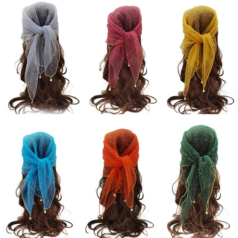 Foulard carré respirant en soie orné de strass, couleur unie, fin et tendance, pour femme, protection quotidienne, très populaire