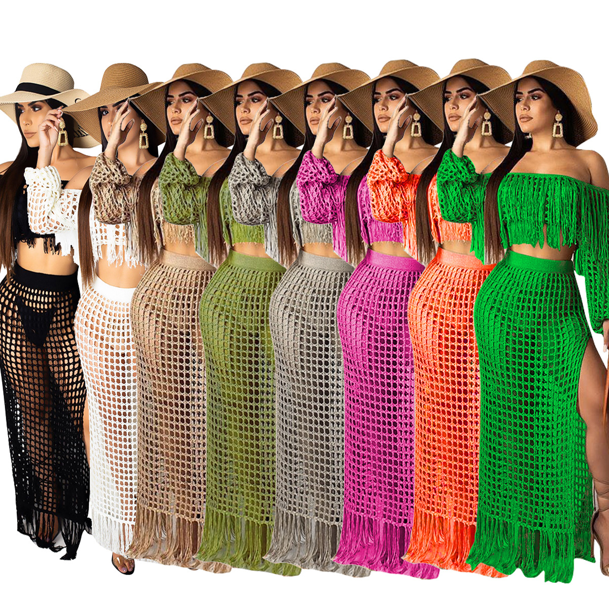 Ensemble deux pièces en tricot pour femmes, jupe longue fendue, taille haute, col en Y, mince, amissié, élégant, dame, plage