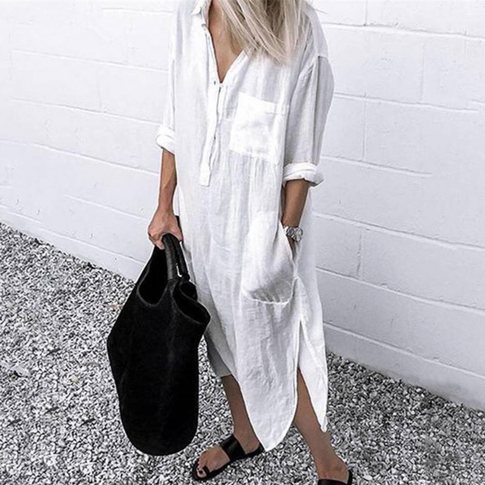 Robe chemise pour femme 2026, robe longue ample à fente latérale, robe chemise décontractée à manches longues boutonnée, printemps été