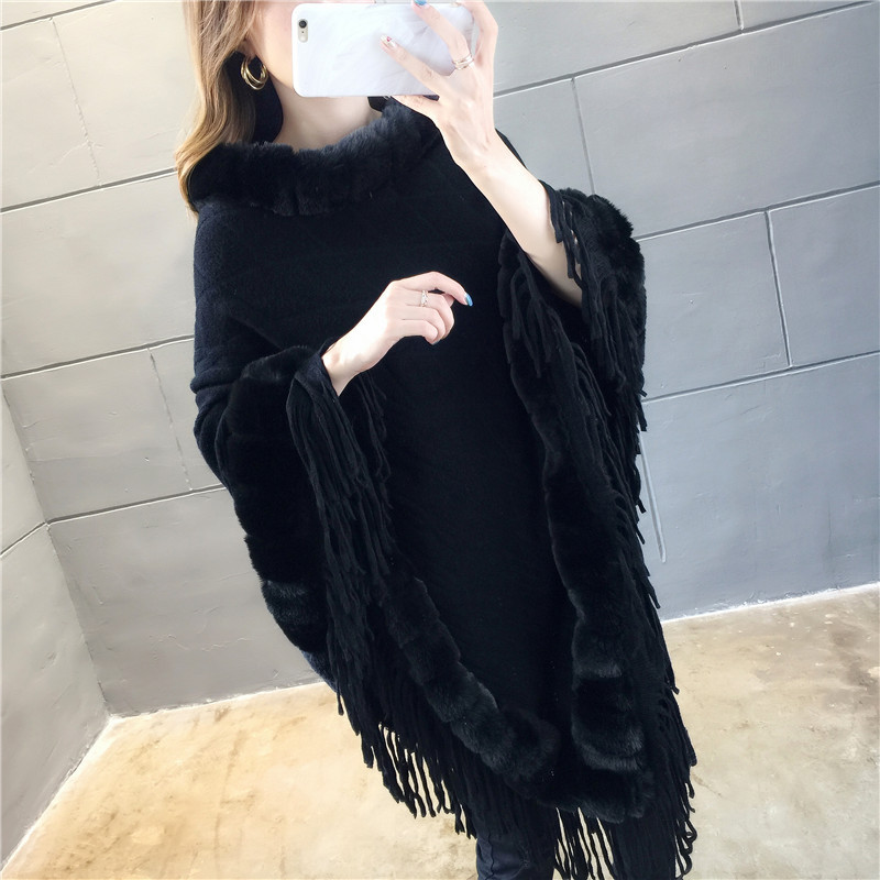 Manteau en fausse fourrure de lapin pour femme, pull à col en laine, châle chaud, Poncho, Capes grises, automne et hiver