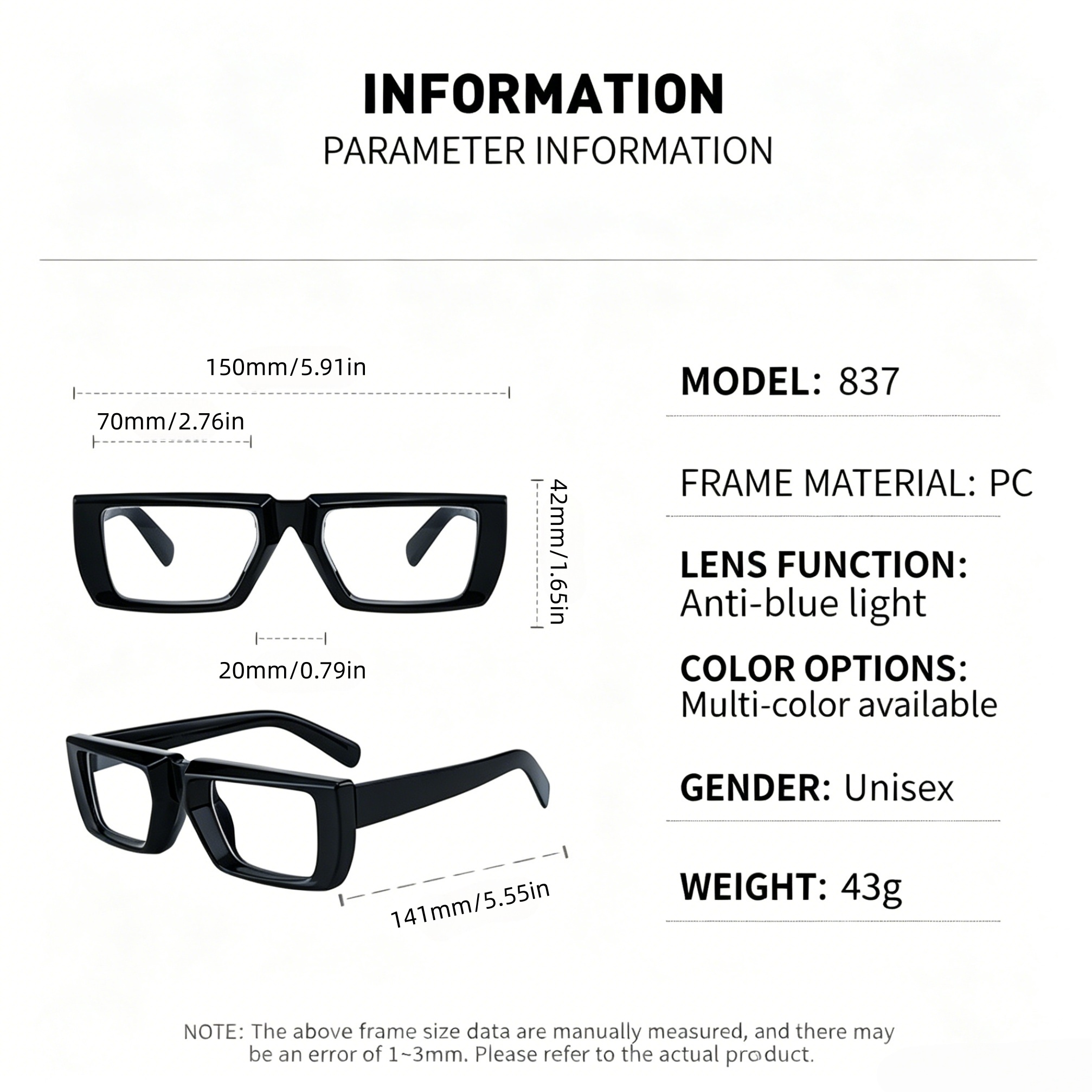 Lunettes carrées surdimensionnées, anti-lumière bleue, à grande monture, pour myopie, à verres plats, transparentes