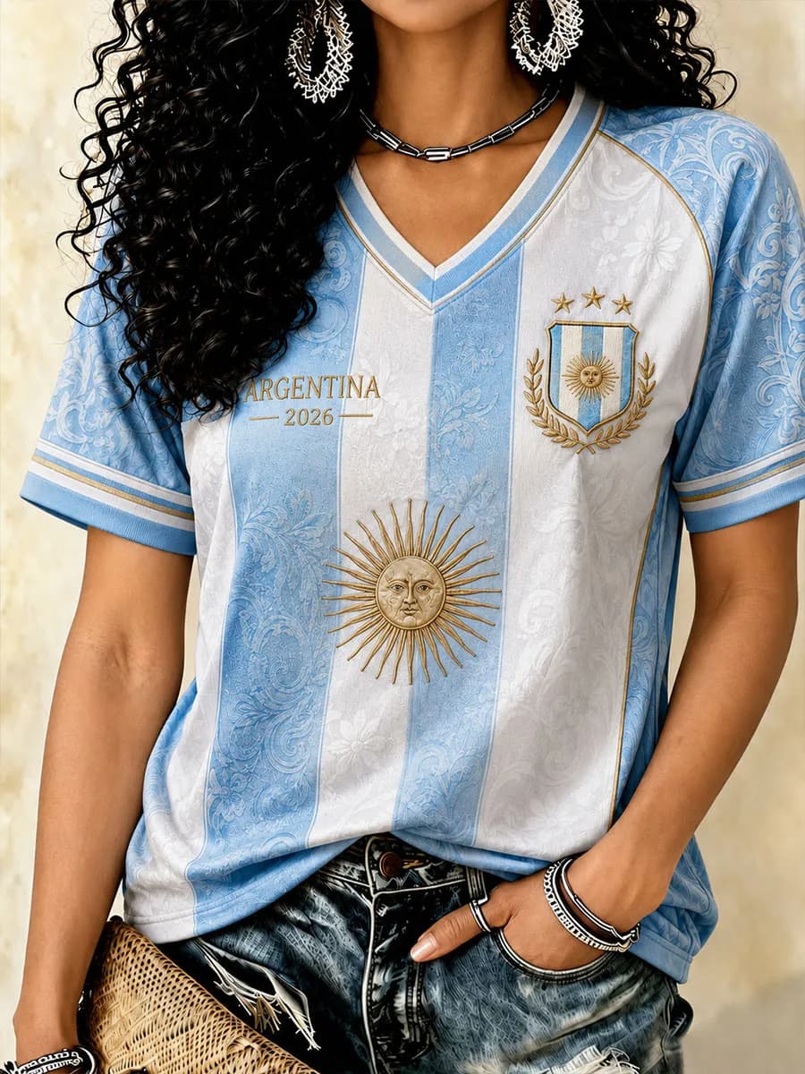 Maillot de football Argentine 2026 pour femme, manches courtes, imprimé national, T-shirt de football respirant et décontracté pour fans