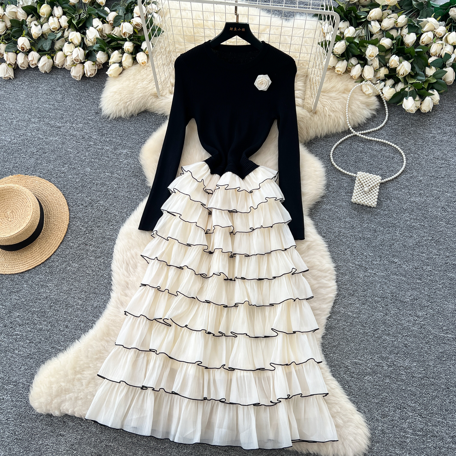 Robes longues à fleurs en tricot, élégantes et Chic, à plusieurs niveaux, pour soirée française, High Street, vêtements pour femmes, automne et hiver