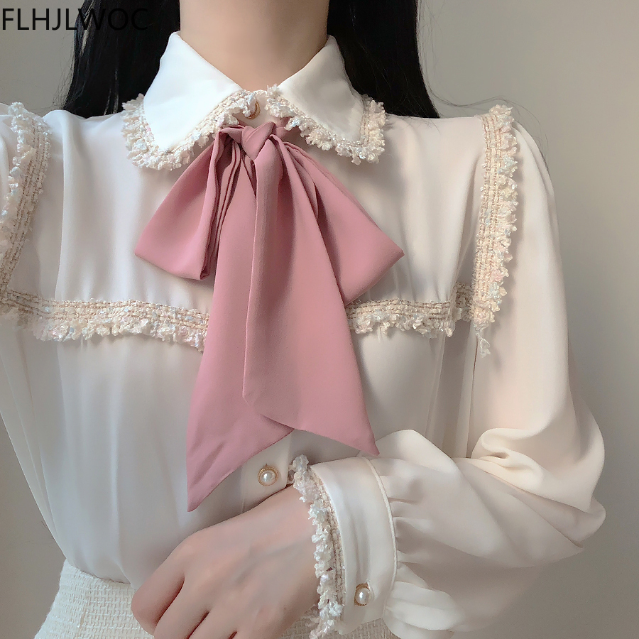 Chemisiers de style vintage pour femmes, nœud mignon, ruban aught, bouton de conception japonaise et coréenne, chemises formelles élégantes, blanc, bleu, 2409