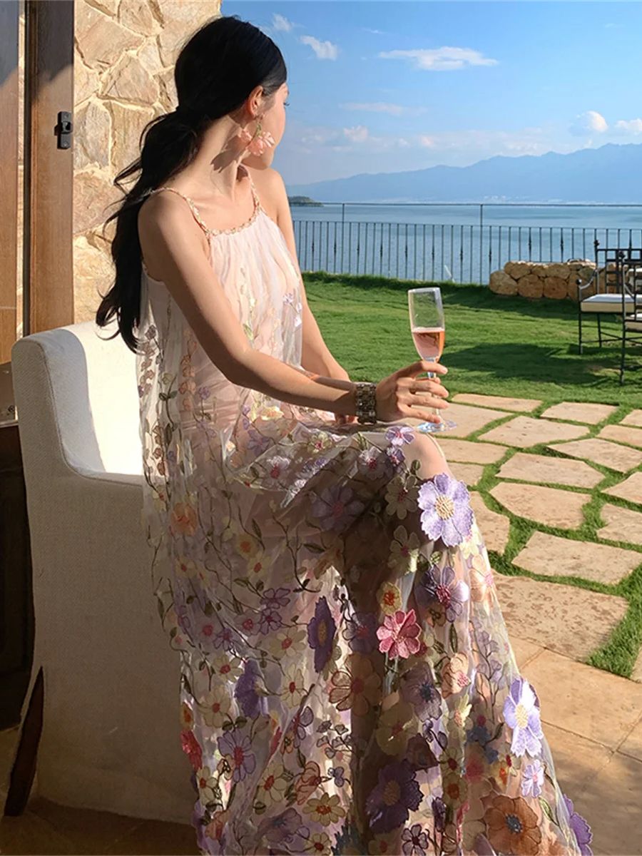 Robe de bal de luxe élégante en dentelle à fleurs 3D pour femmes, nouvelle collection d'été Sexy, épaules dénudées, ligne a, robes en maille, robes de soirée
