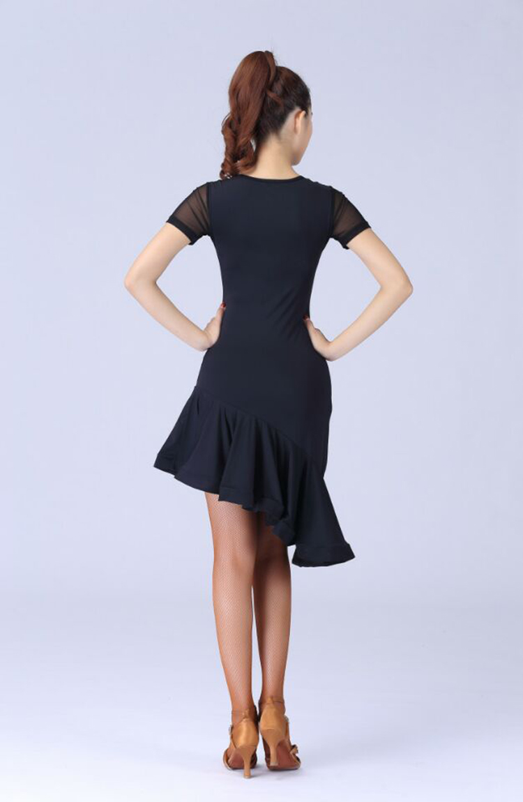 Robe de danse latine noire pour femmes, Costume de danse latine, Salsa Samba, manches courtes, robes de danse latine pour femmes